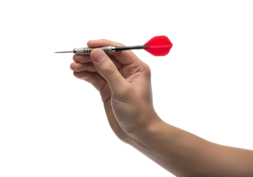 A hand holding a dart with a red flight. The background is transparent, emphasizing the dart and hand. Ideal for sports or game-related themes.