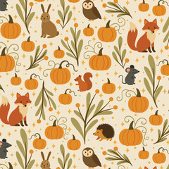 Whimsical Autumn Woodland Pattern with Pumpkins, Forest Animals, and Foliage