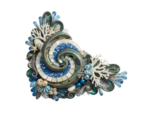 A decorative piece featuring a spiral design with blue and green tiles, surrounded by coral and seashells. The background is transparent, highlighting the intricate details.