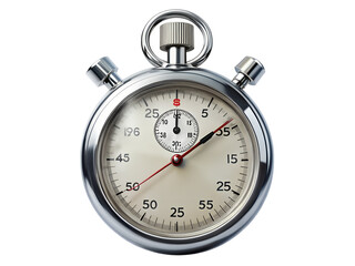 Classic chrome stopwatch with white face and red second hand against a stark black background