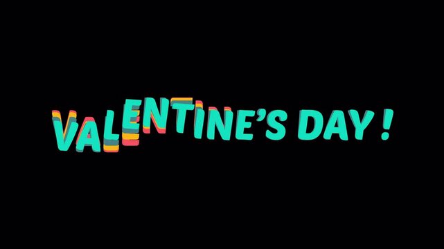 Animated Valentine's Day text with colorful letters waving up and down. This fun motion graphics video has a transparent background, Alpha channel, and is encoded in ProRes 4444 format.