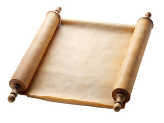 An ancient parchment scroll with wooden rollers rests open on a dark background ready for writing