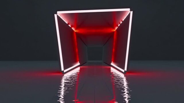 Three-dimensional computer graphics, non-representational contemporary simplistic scarlet backdrop, intense neon illumination within quadrangular passageway, entrance, performance platform, unoccupie