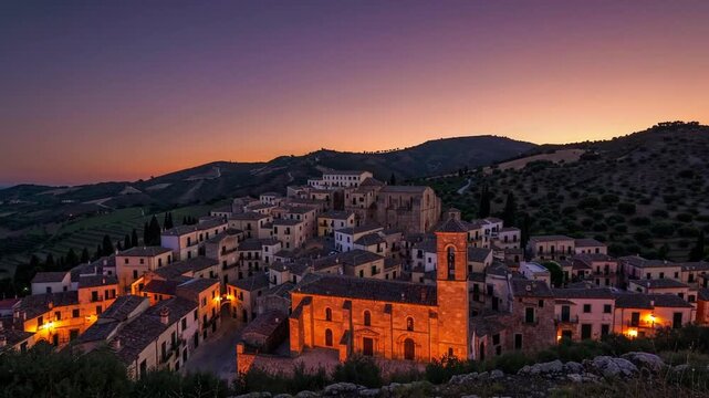 Breathtaking Dusk Over Ancient Renowned Medieval Hamlet in Southern European Peninsula