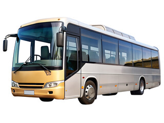 Modern silver and gold coach bus with tinted windows on a black background