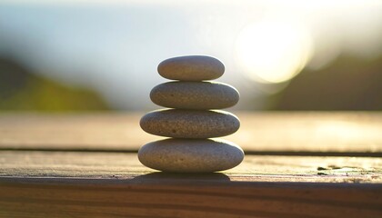 A delicate stack of smooth stones balanced atop a weathered wooden surface, bathed in the soft glow of the setting sun.