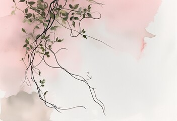 Vine Whispers &ndash; Watercolor Leaf Print with Minimal Line Art. modern botanical print combines flowing line vines with soft pink watercolor washes.