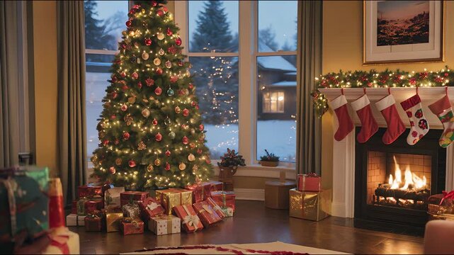Holiday cheer in the cozy house: a Christmas tree with vibrant decorations stands proudly in the corner, surrounded by carefully wrapped presents. Fireplace and cozy decorations.