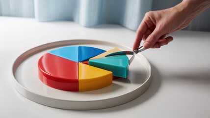 Hand serving a slice of colorful pie chart on a white plate isolated on white background