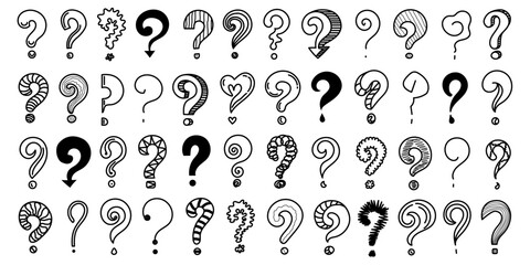 Question Mark big set. Hand drawn in different styles and shapes. Doodle sketch outline symbols for design, presentations, posters, quizzes and creative projects.