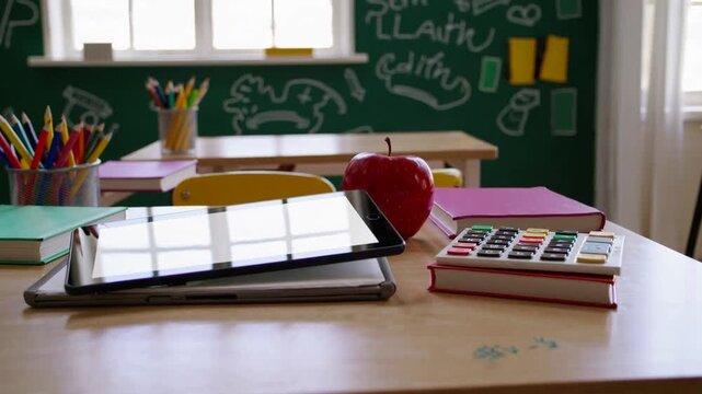 The commencement of academic period, featuring electronic slate and scholastic materials arranged on worktable, symbolizing learning