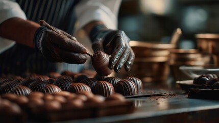 Pastry chef skillfully using a small tool to intricately decorate handmade chocolate pralines on a metal tray within a professional confectionery kitchen, showcasing culinary artistry