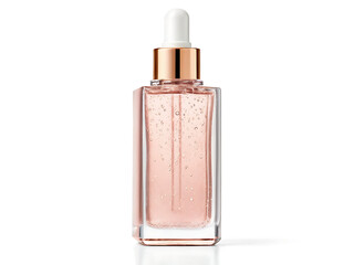 A close up of a clear square bottle with pink liquid and a white dropper on a white background