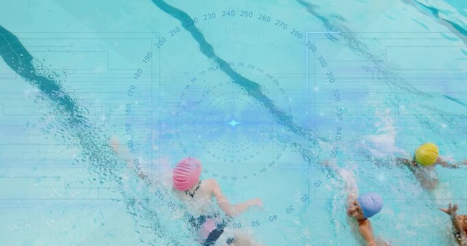 Three children pushing wall and starting swim in training pool with animated stats overlaying pool