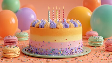 Colorful birthday cake with candles and macarons