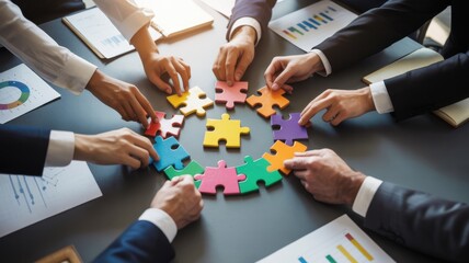 Business people joining jigsaw puzzle pieces in circle, symbolizing teamwork, unity, and collaboration
