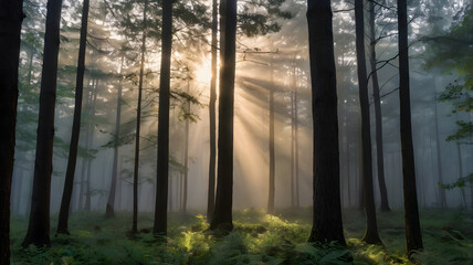 Fototapeta premium Golden sun rays illuminating the misty air in an enchanting, peaceful green forest during an early morning sunrise