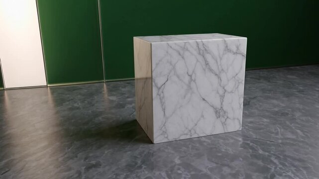 Three-Dimensional Rendered Template Mock-Up of Square Marble Podium with Frosted Glass Elements Against Green Wall