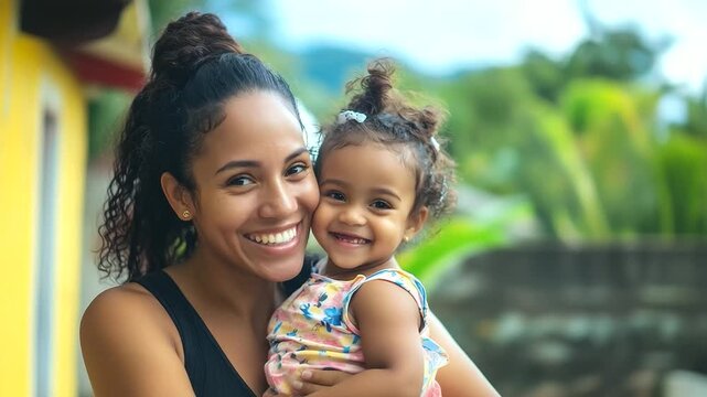Happy dominican mother having fun with her daughter outdoor - Family people and love concept - Focus on mum face.,"Happy family, Dominican mother, daughter, outdoor 