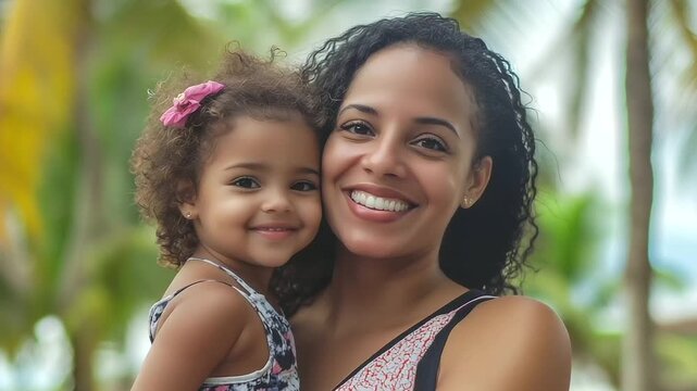 Happy dominican mother having fun with her daughter outdoor