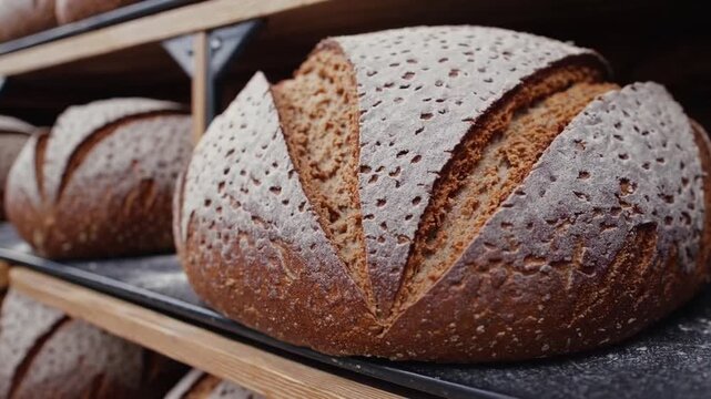 shelving unit within bread shop containing numerous varieties of baked flour-based goods. Appetizing Germanic bread oblongs arranged on the shelves_ Palatable oblongs of bread in Germanic baker's est