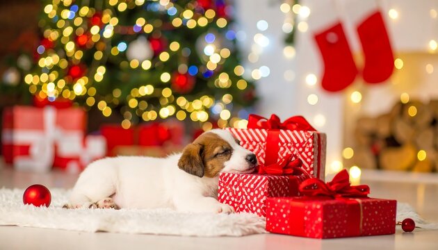 Cute puppy sleeping near Christmas tree and gifts.
