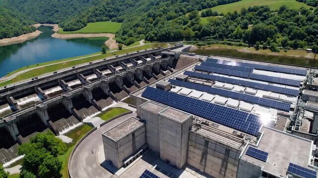 Elevated Unmanned Aircraft View of Hydroelectric Generation Facility Featuring voltaic Arrays Installed Upon the Primary Structure's Rooftop