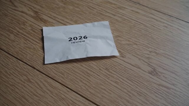 The numerals 2026 and the word REVIEW inscribed on diminutive slip of paper, representing the notion of annual recap