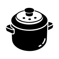 Black silhouette of a cooking pot with two handles and a lid, isolated on a icon