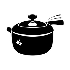 Black silhouette of a cooking pot with a lid and handle, isolated on a icon