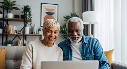 Smiling Senior Couple Enjoying Laptop at Home - Connection and Comfort in Retirement