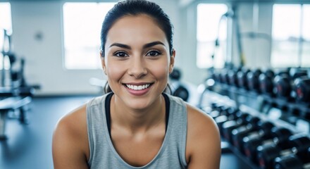 Fototapeta premium Smiling Woman in Gym Fitness, Wellness, and Health in a Modern Workout Center