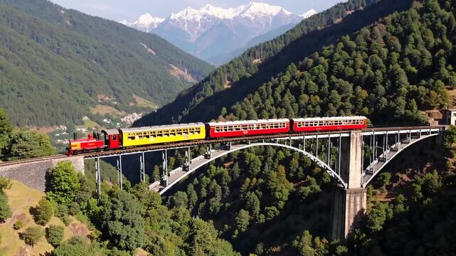 Model Train Crossing Scenic Viaduct Bridge in Deep Mountain River Valley