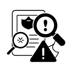 Document analysis with magnifying glass and warning sign indicating potential issues icon