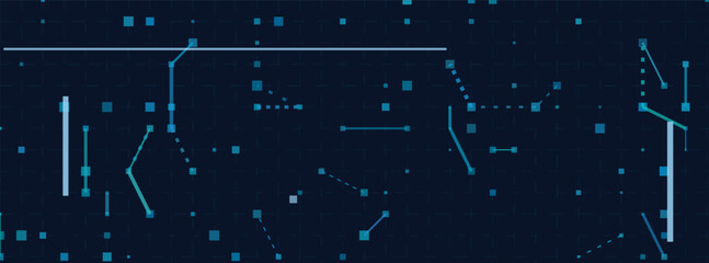 Fototapeta premium Futuristic digital circuit pattern with blue nodes on dark background.