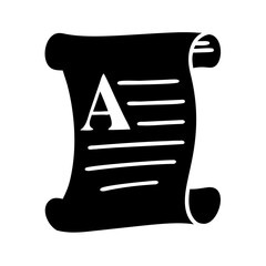 Black and white illustration of a scroll with the letter a and lines of text icon