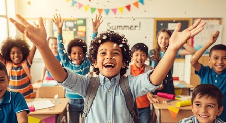 Excited Students Celebrate End of Term with Confetti and Joyful Smiles in Classroom