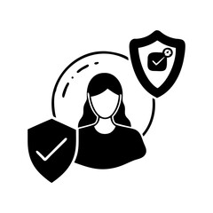 Black and white illustration of a person with security shields icon
