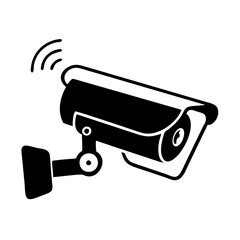 Black and white illustration of a wireless security camera with signal waves icon