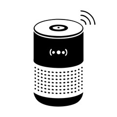 Black and white icon of a cylindrical smart speaker with wifi signal waves emanating from the top icon