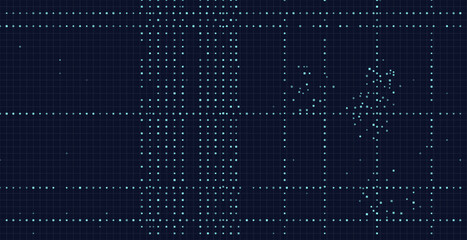 Futuristic digital grid with abstract tech elements and data points.