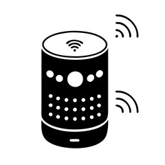Black and white icon of a cylindrical smart speaker with wifi signal waves emanating from the top icon