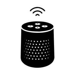Black and white icon of a cylindrical smart speaker with wifi signal waves emanating from the top icon