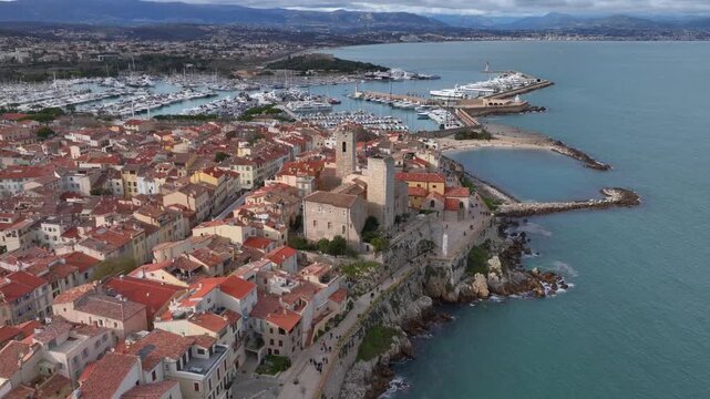 Antibes old town on French Riviera, Port Vauban in Antibes by Mediterranean Sea in France, Aerial of Cote d Azur.