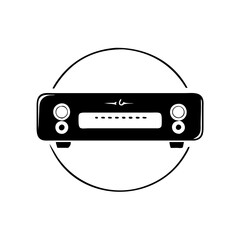 Black audio receiver with circular speakers and display screen in a circle on icon