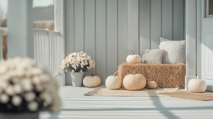 Cozy fall front porch with pumpkins, chrysanthemums, and hay bales