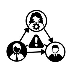 Teamwork concept with three people icons, gear, and alert symbol icon