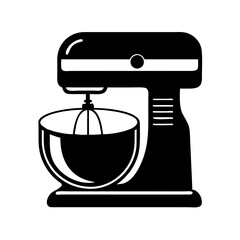 Black silhouette of a stand mixer with a whisk attachment in a bowl, isolated on a icon