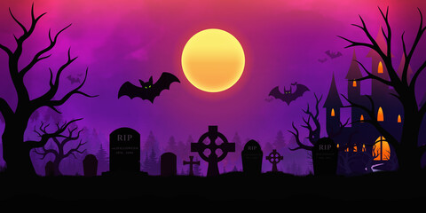 Halloween purple sunset background with tombstones and bats