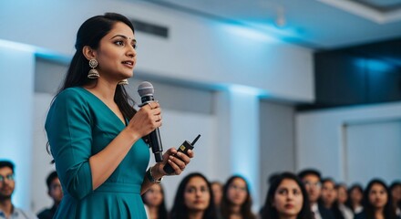 Confident Woman Empowering Audience with Inspiring Speech at Conference Event